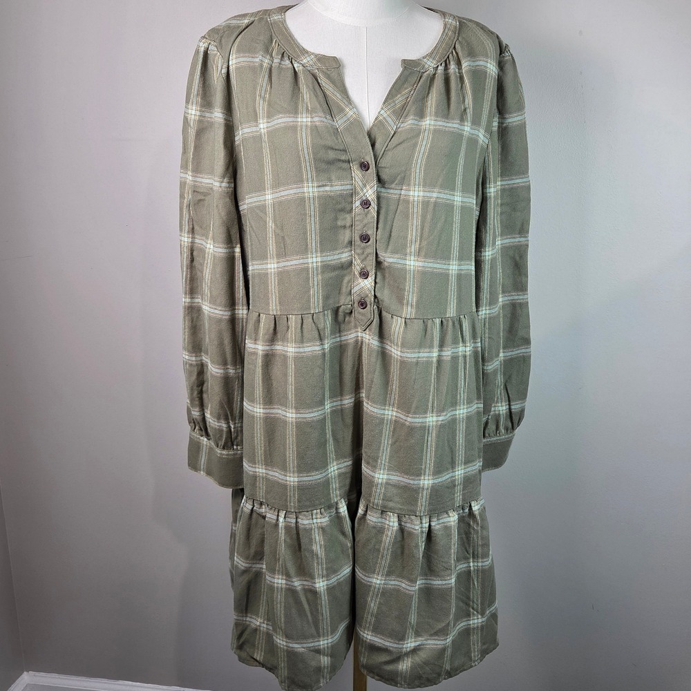 LOFT Plaid Tiered Henley Dress Women XL Olive Green Excellent Long Sleeve Boho